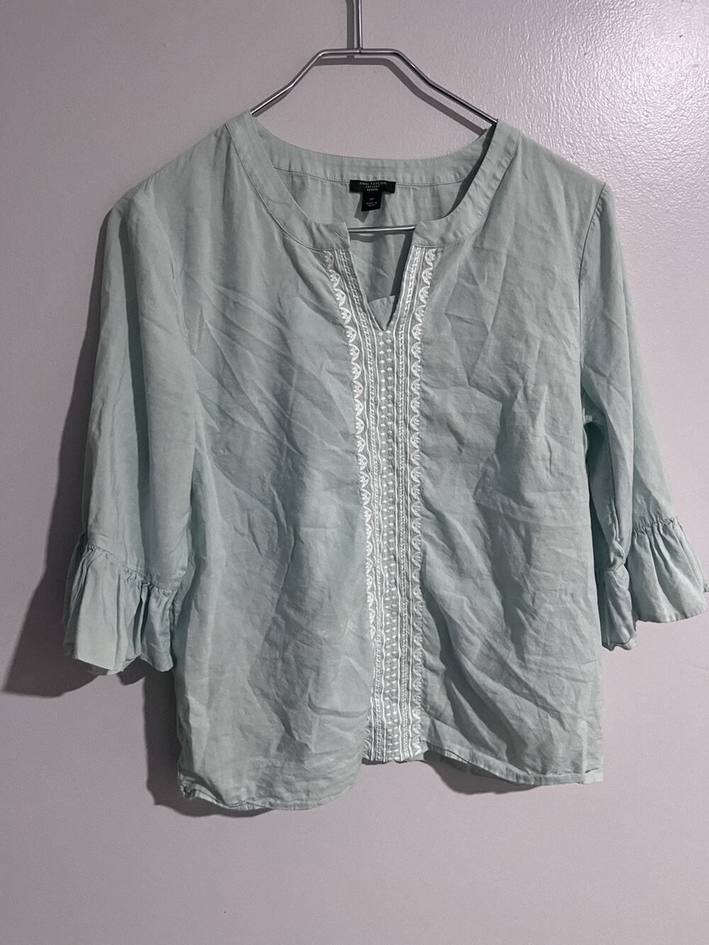 Ann Taylor Factory Petite Green Peasant Tunic Top Embellished Women's Size M P